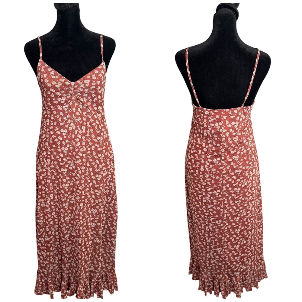 Ditsy Floral Print Mesh Midi Slip Dress Size M Whimsigoth Ruffle V Neck Feminine